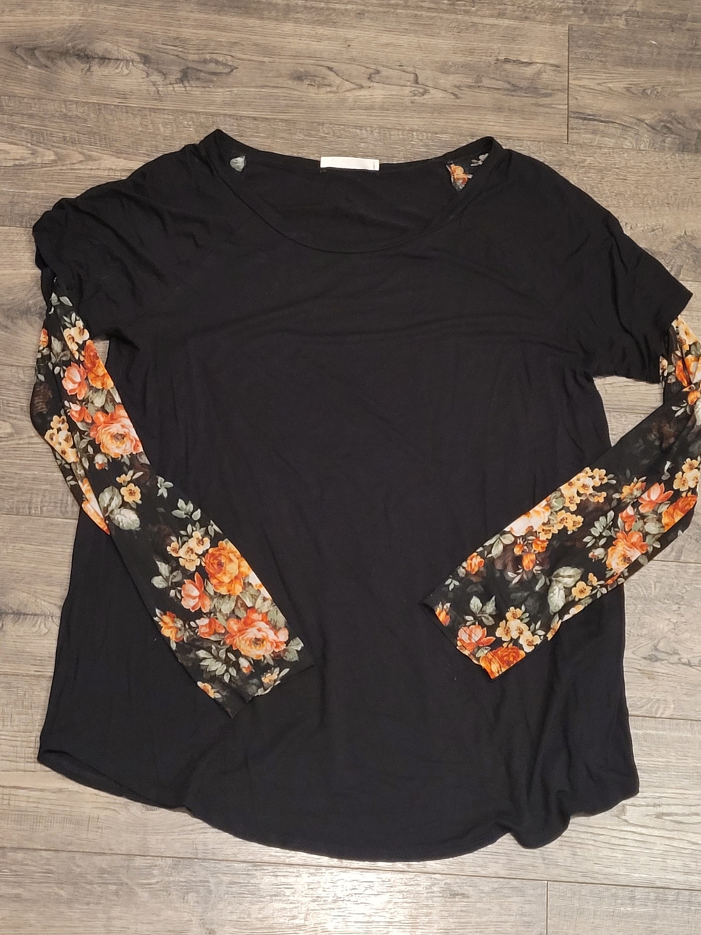 Black Long-Sleeve Top with Sheer Orange Floral Sleeves Mai Soli XXL